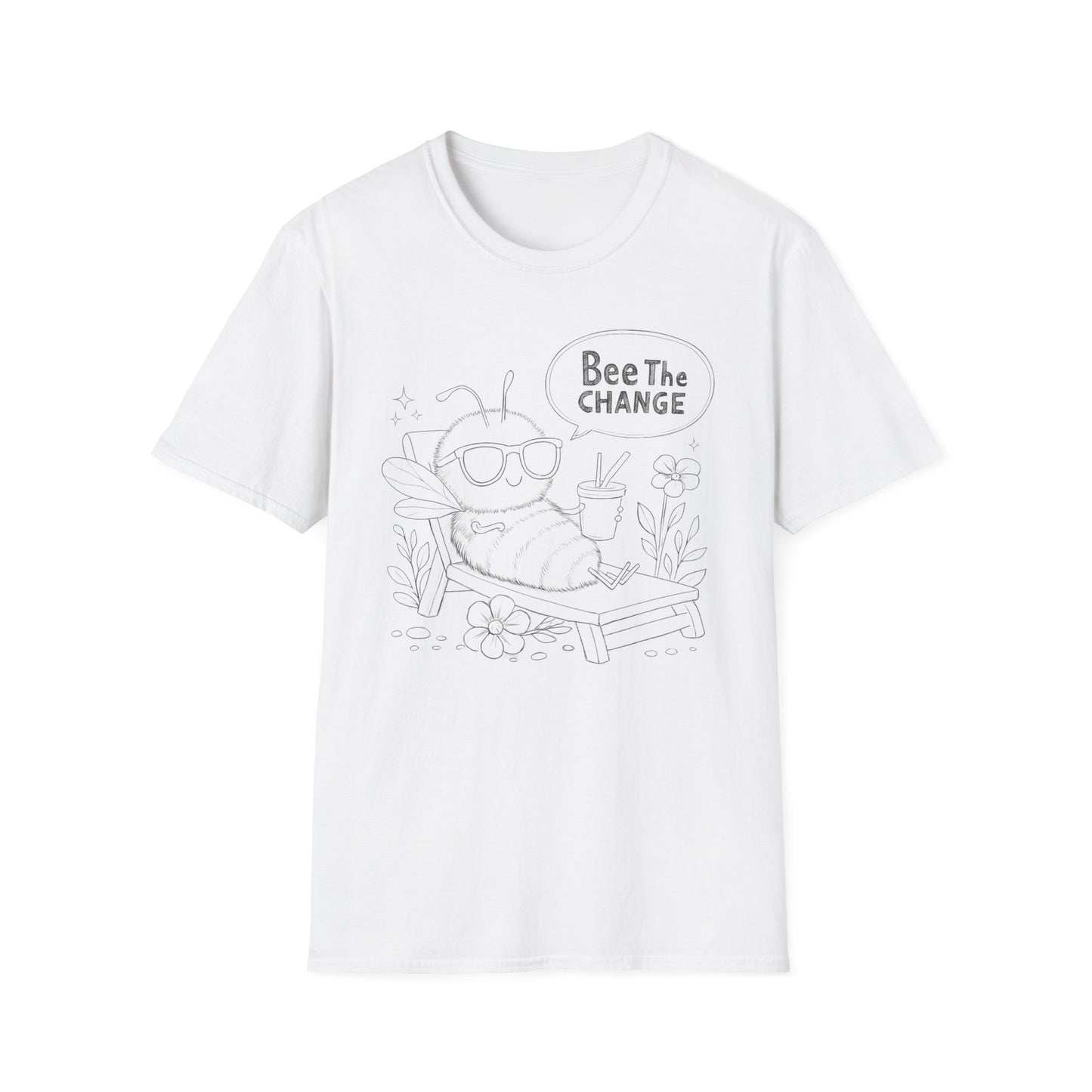 Bee The Change - Playful Cartoon Bee Outline With Sunglasses Relaxing With A Drink T-Shirt