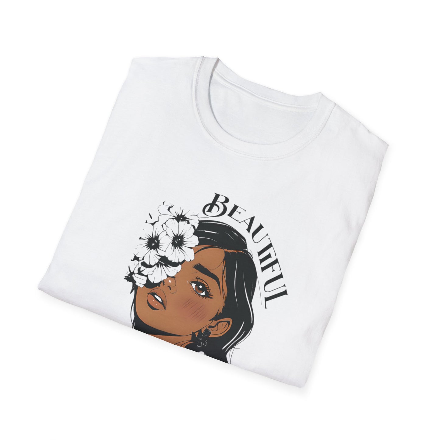 Beautiful Bold Unbothered T-Shirt – Young Woman Portrait with Bold Graphic Flowers Design
