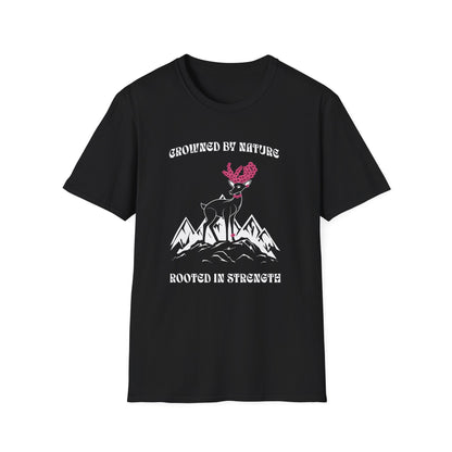 Crowned by Nature Rooted in Strength T-Shirt - Pink Flower Crown Deer Design