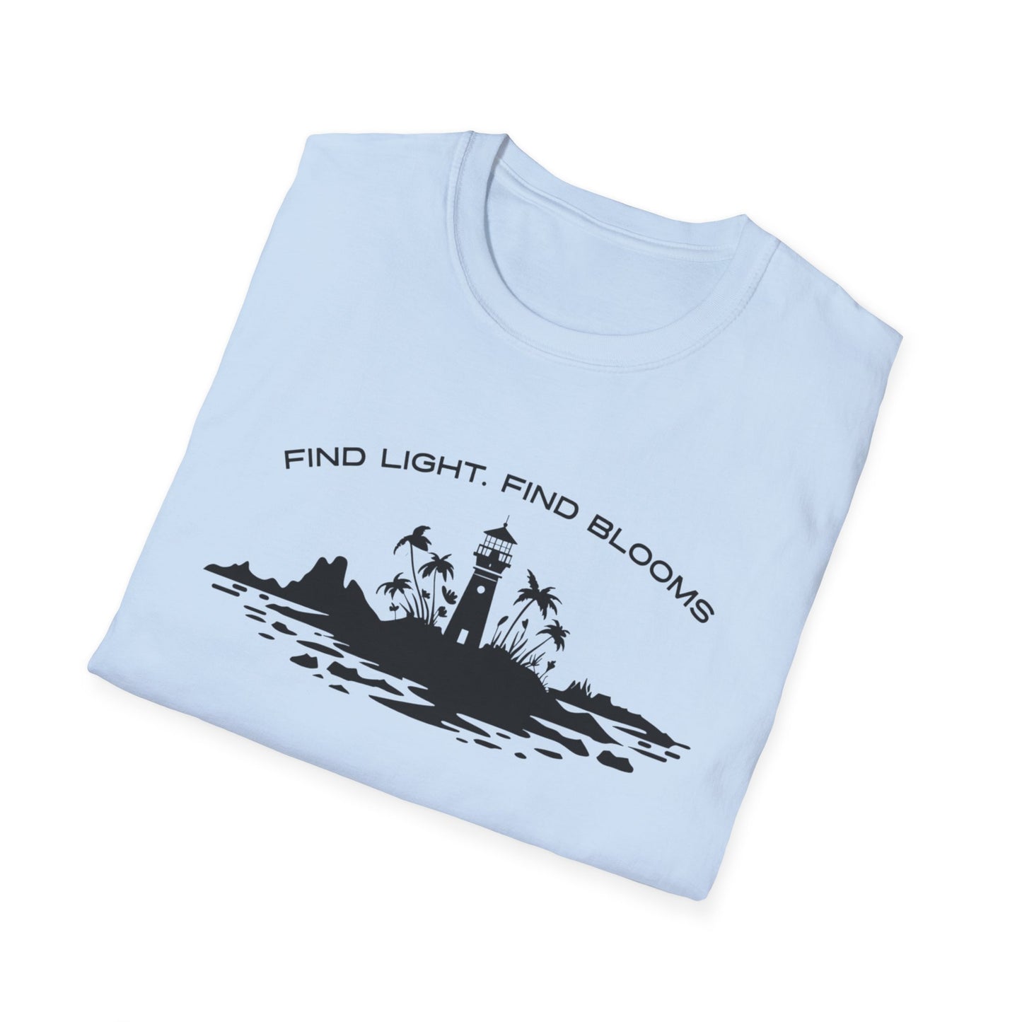 Find Light Find Blooms - Minimalistic Silhouette Lighthouse, Island, Palms and Florals T-Shirt