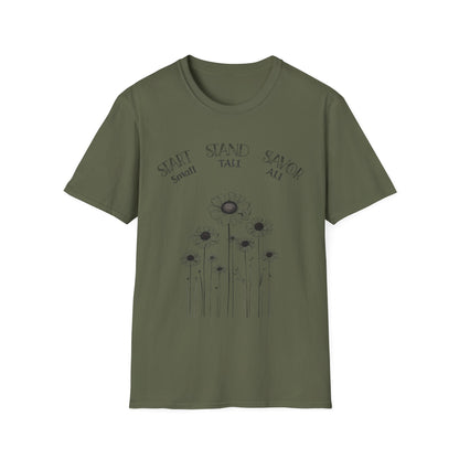 Start Small Stand Tall Savor All T-Shirt – Minimalistic Daisy Flower Line Art Design