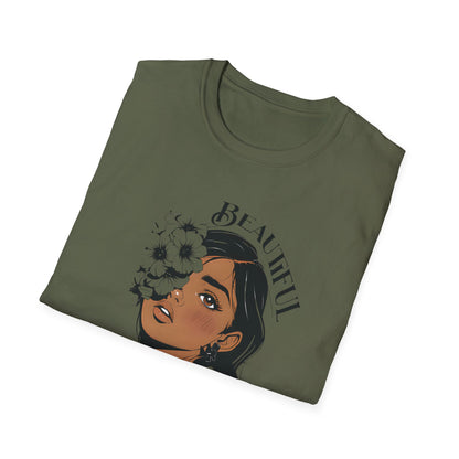 Beautiful Bold Unbothered T-Shirt – Young Woman Portrait with Bold Graphic Flowers Design