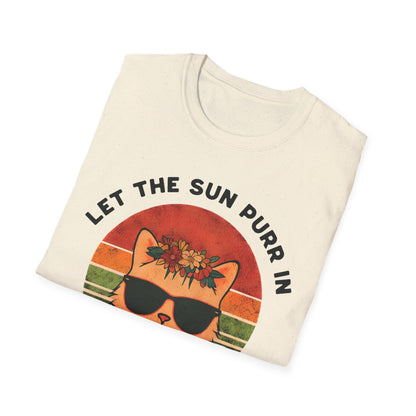 Let the Sun Purr In - Playful Vintage Sunset And A Cat in Sunglasses and Floral Crown T-Shirt