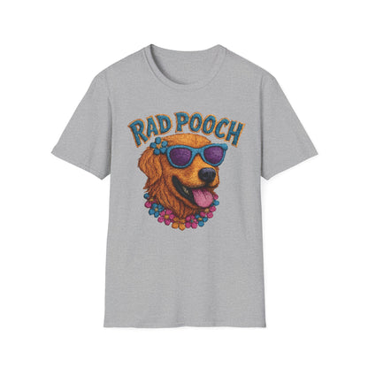 Rad Pooch – Embroidery-Like Style Cartoon Golden Retriever Dog With Floral T-Shirt