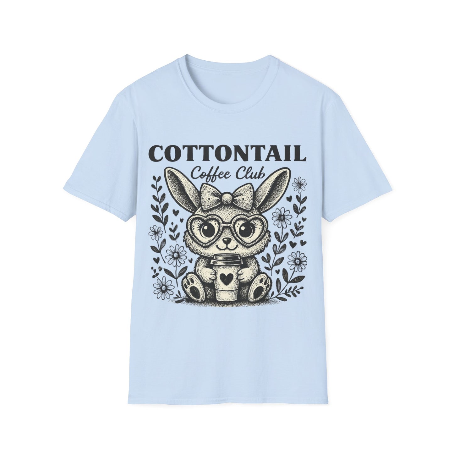 Cottontail - Monochrome Bunny With Coffee And Flowers T-Shirt