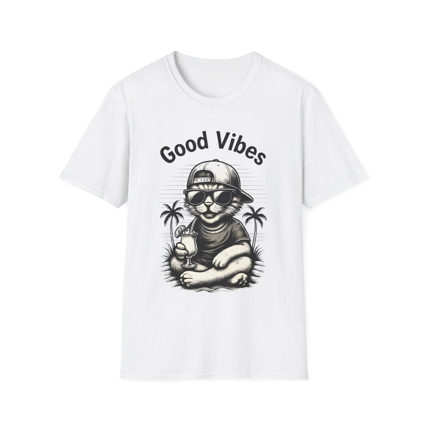 Good Vibes T-Shirt -  Cool Cat Relaxing with Tropical Drink Design