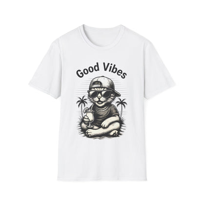 Good Vibes T-Shirt -  Cool Cat Relaxing with Tropical Drink Design