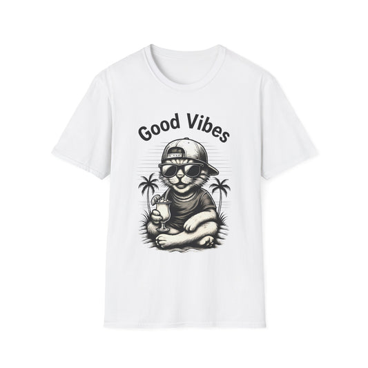 Good Vibes T-Shirt -  Cool Cat Relaxing with Tropical Drink Design