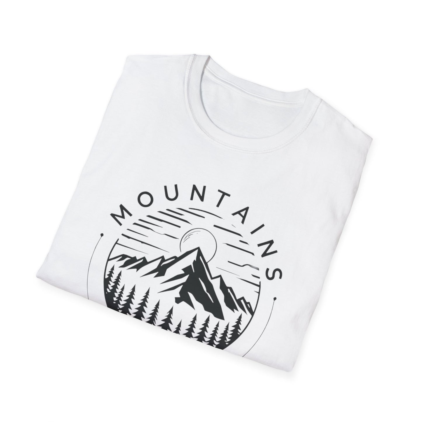 Mountains Call T-Shirt – Circular Nature Scene with Mountains, Trees & Sun Design
