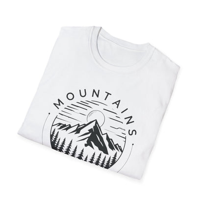 Mountains Call T-Shirt – Circular Nature Scene with Mountains, Trees & Sun Design