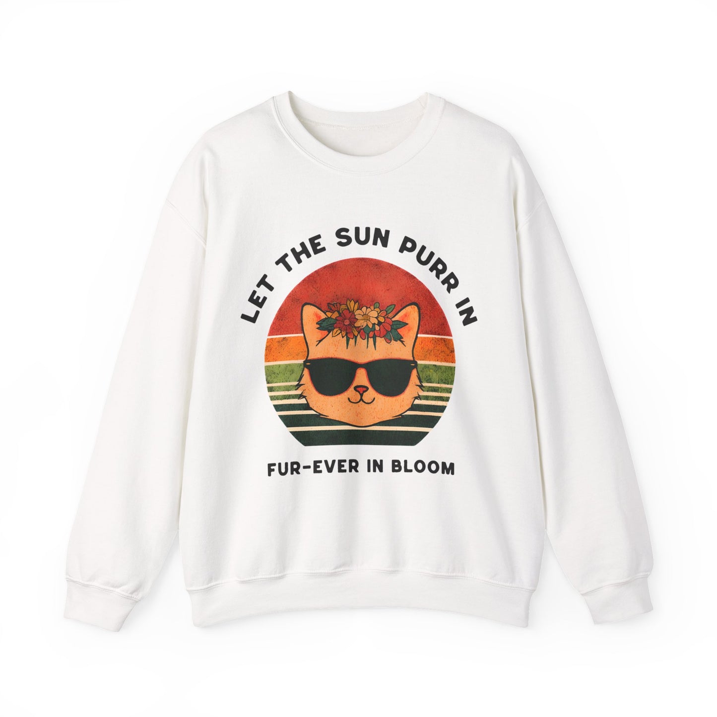 Let the Sun Purr In - Playful Vintage Sunset And A Cat in Sunglasses and Floral Crown Sweatshirt