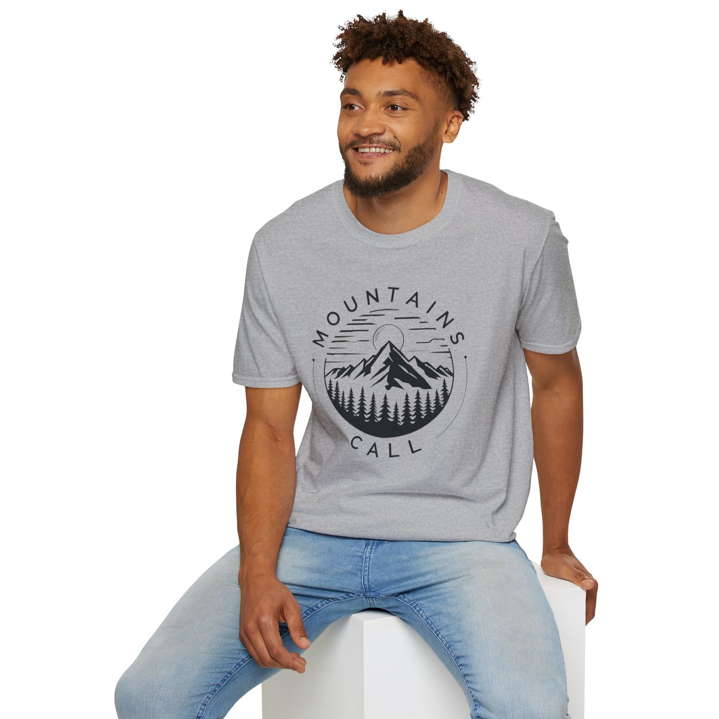 Mountains Call T-Shirt – Circular Nature Scene with Mountains, Trees & Sun Design