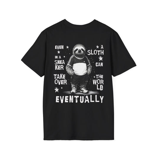 Even A Sloth In A Sneaker Can Takeover The World Eventually - Monochrome Sloth Distressed Front and Back Design T-Shirt