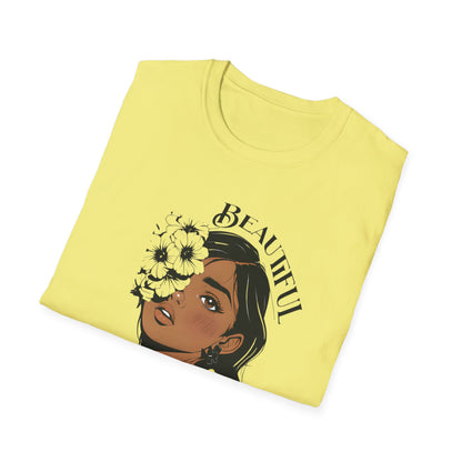 Beautiful Bold Unbothered T-Shirt – Young Woman Portrait with Bold Graphic Flowers Design