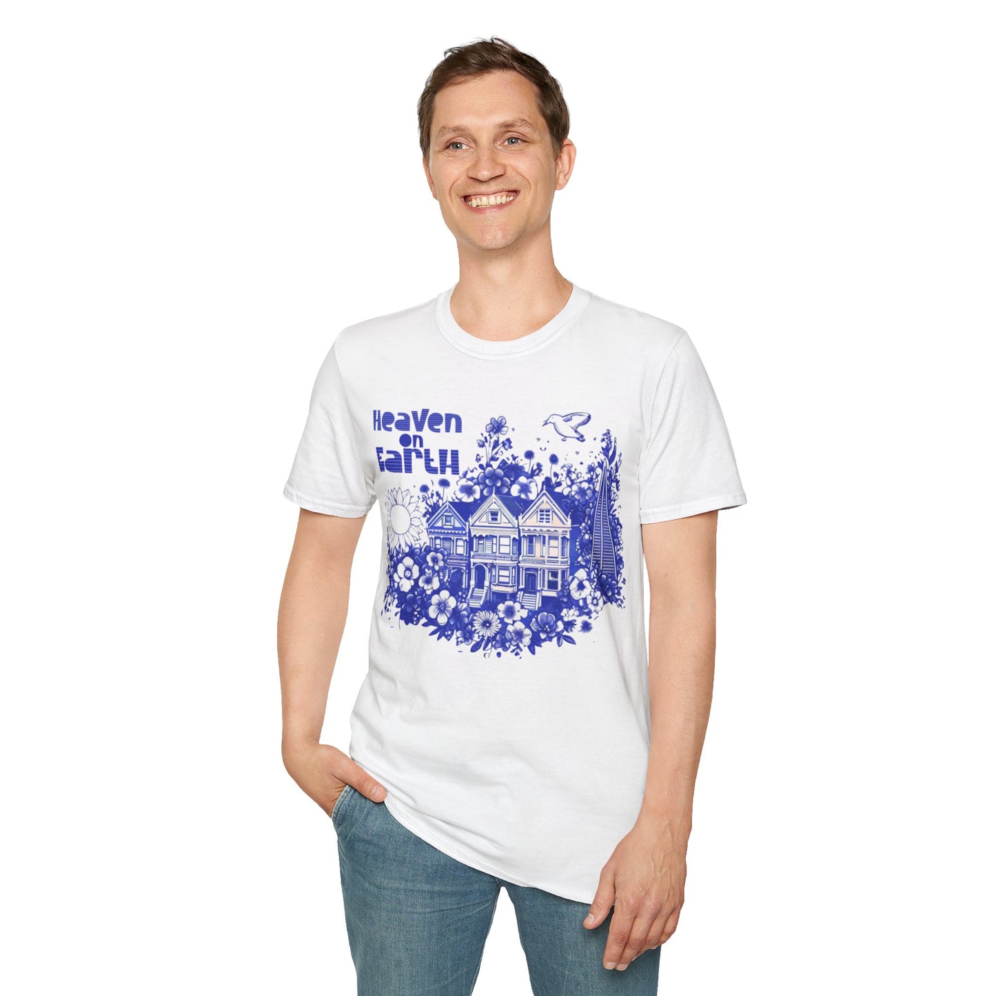 Heaven on Earth - Monochrome Blue Victorian House and Flowers T-Shirt