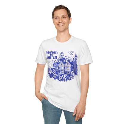 Heaven on Earth - Monochrome Blue Victorian House and Flowers T-Shirt