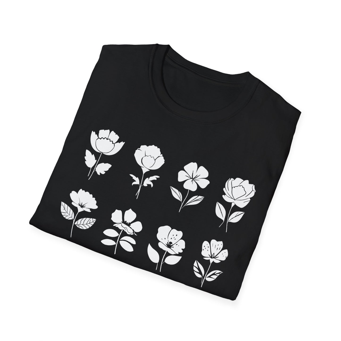 Monochrome Silhouette Grid Flowers T-Shirt