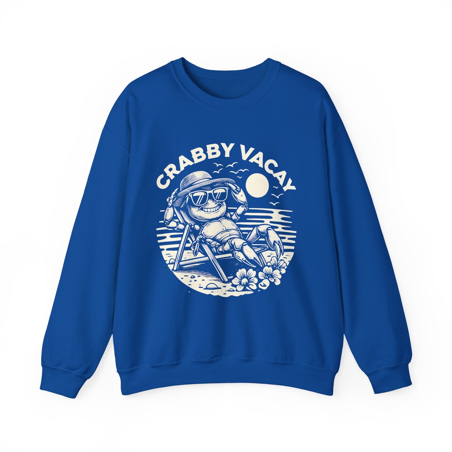 Crabby Vacay - Playful Monochrome Happy Crab Wearing Sunglasses in Tropical Scene Sweatshirt