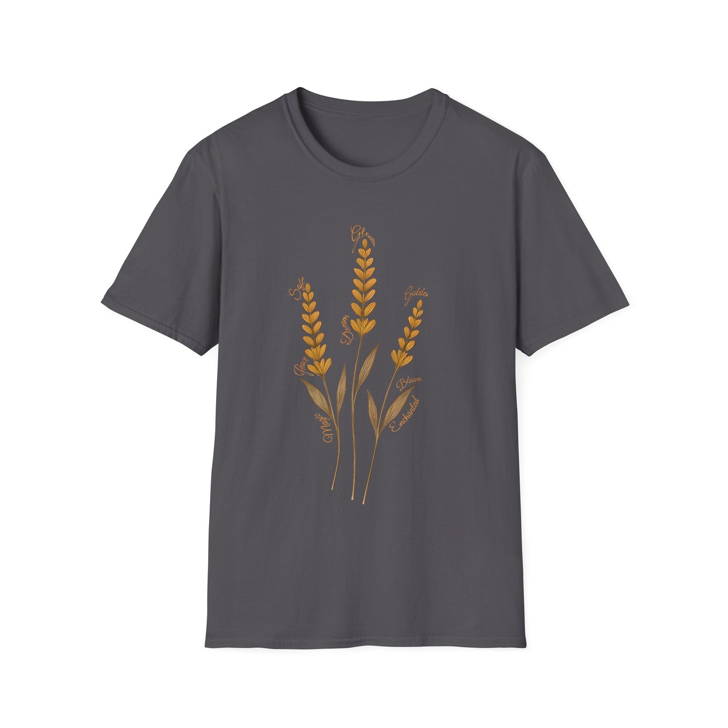 Golden Lavender T-Shirt - Scattered Typography Design