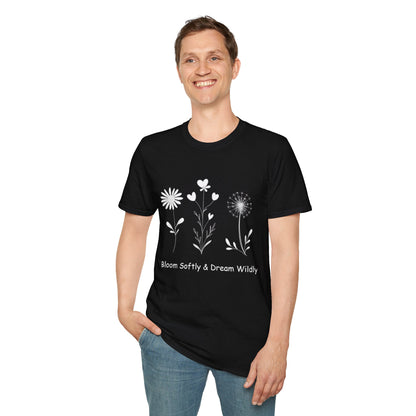 Bloom Softly Dream Widely T-Shirt - Minimalistic Flowers Outline - Botanical Line Art Design