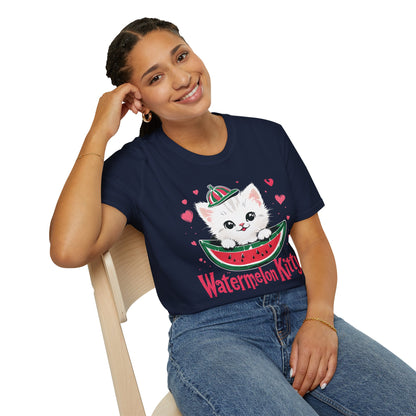 Watermelom Kitty - White Kitten in Watermelon Boat with Hearts  T-Shirt