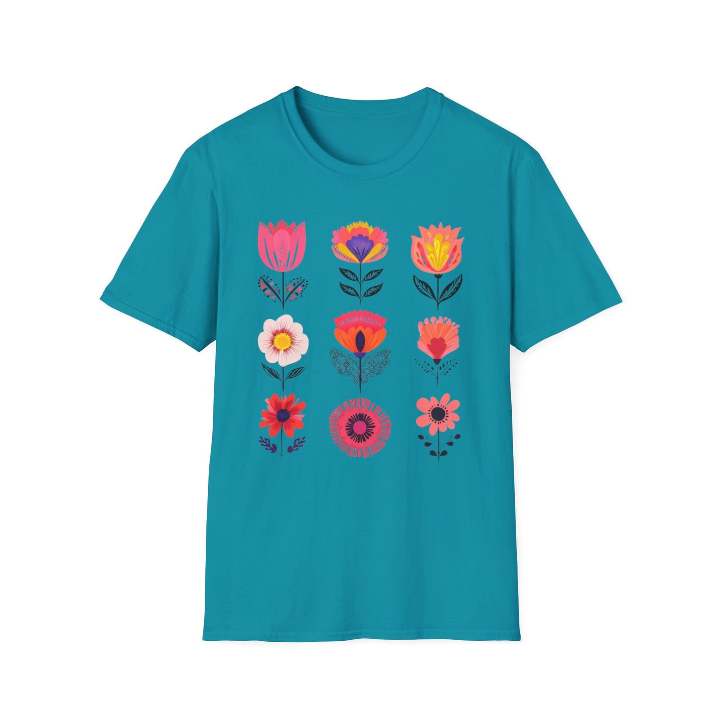 Vibrant Boho Grid Flowers T-Shirt