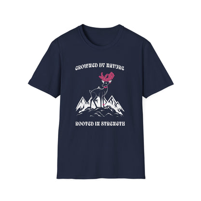 Crowned by Nature Rooted in Strength T-Shirt - Pink Flower Crown Deer Design