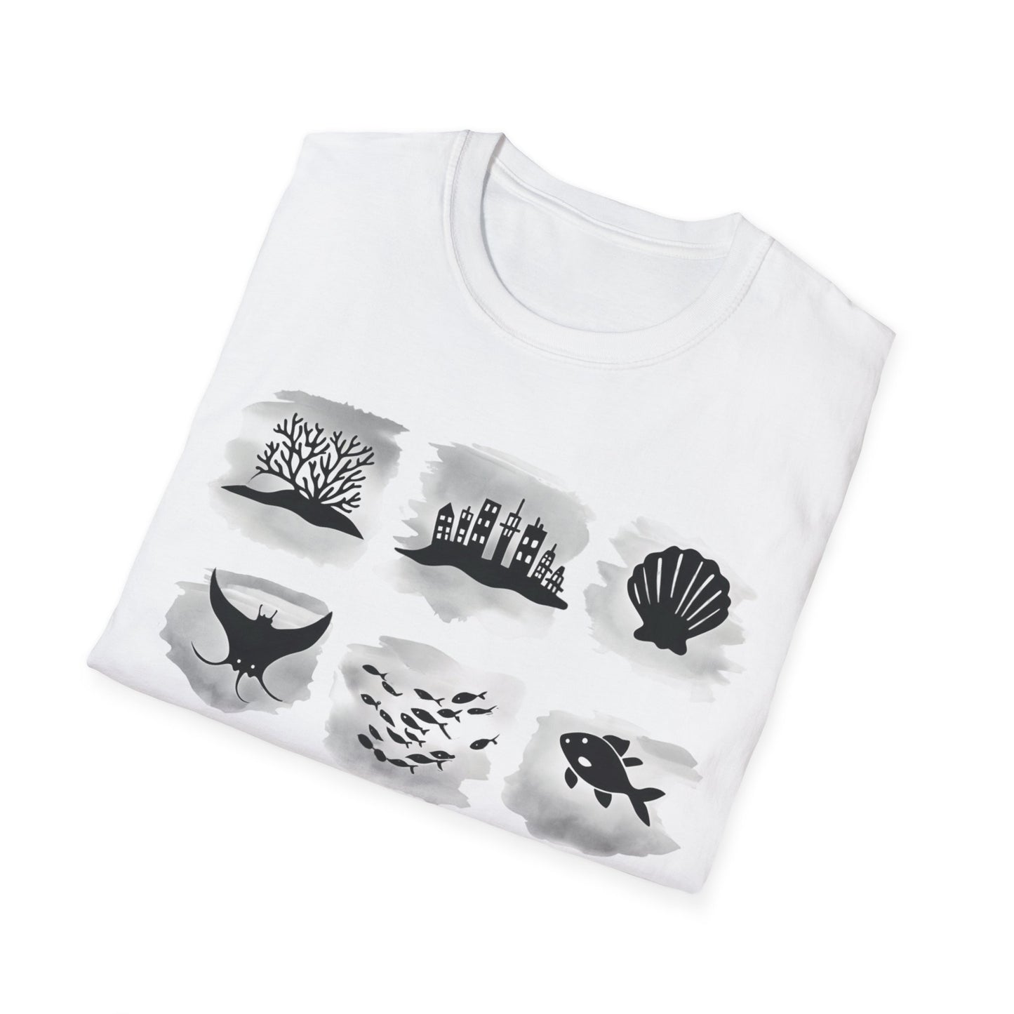 Gird of Marine Elements T-Shirt - Minimalistic silhouette with Gray Background Design