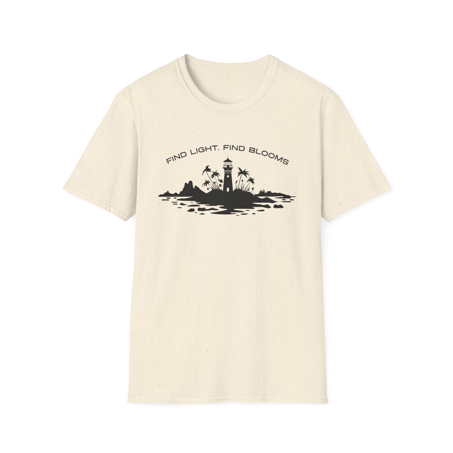 Find Light Find Blooms - Minimalistic Silhouette Lighthouse, Island, Palms and Florals T-Shirt