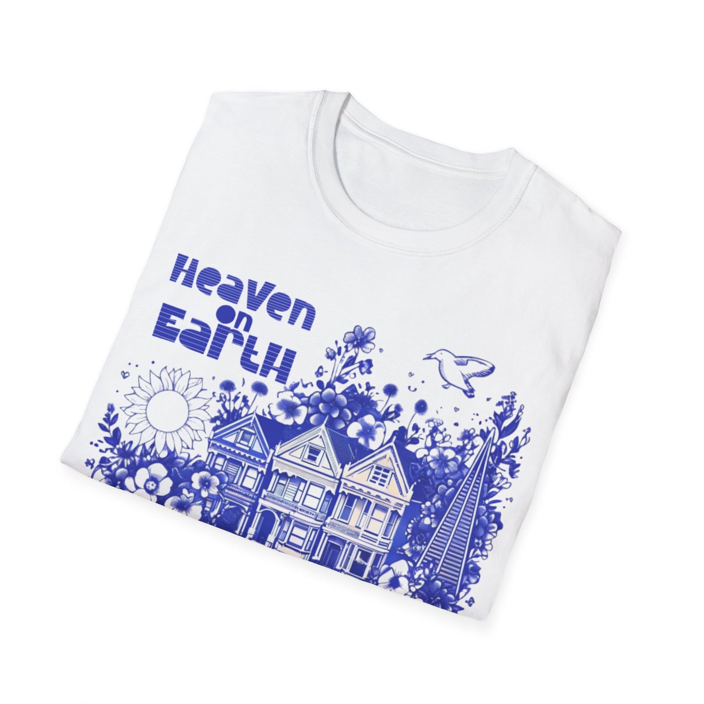 Heaven on Earth - Monochrome Blue Victorian House and Flowers T-Shirt