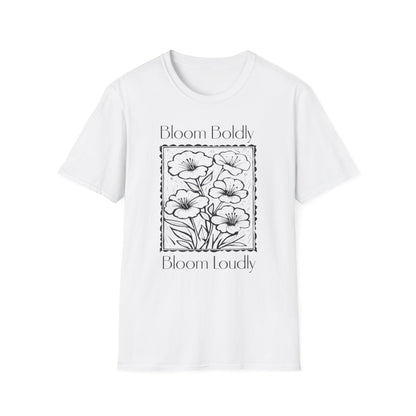 Bloom Boldly And Loudly - Monochrome Flowers With Stamp Border Linocut T-Shirt