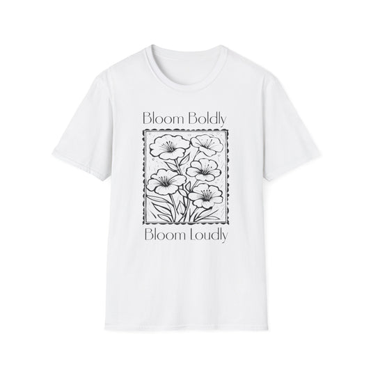Bloom Boldly And Loudly - Monochrome Flowers With Stamp Border Linocut T-Shirt