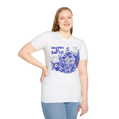 Heaven on Earth - Monochrome Blue Victorian House and Flowers T-Shirt