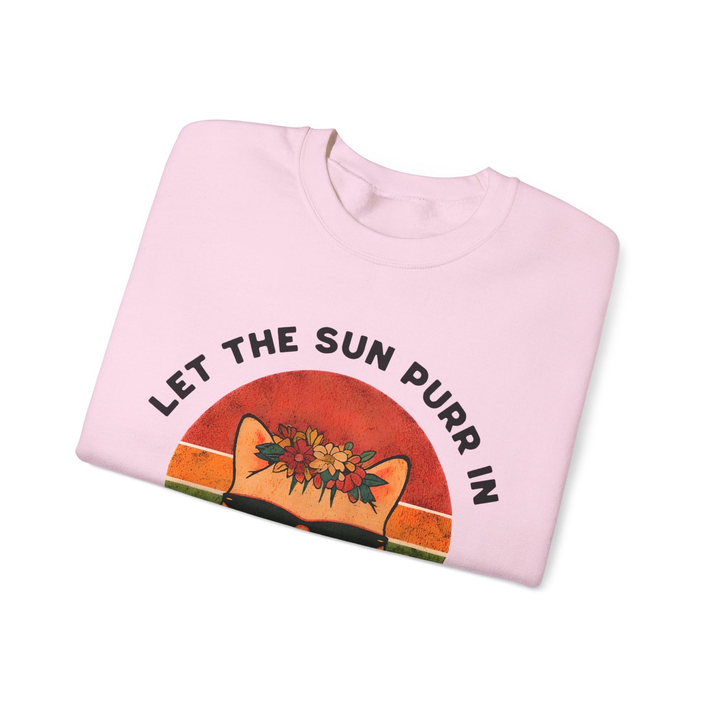 Let the Sun Purr In - Playful Vintage Sunset And A Cat in Sunglasses and Floral Crown Sweatshirt