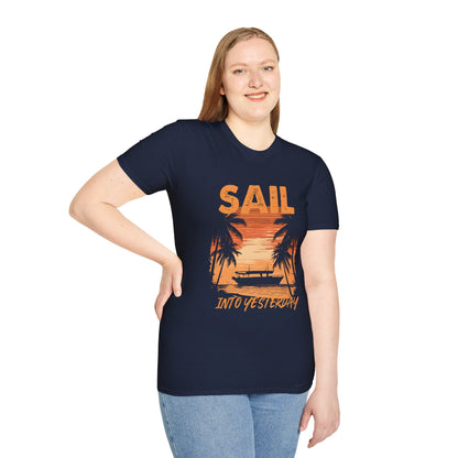 Sail Into Yesterday - Vintage Beach With Silhouetted Boat and Palm Trees T-Shirt