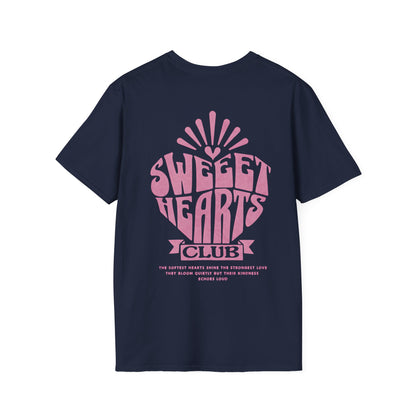 Sweet Hearts Club T-Shirt –  Typography Framed Inside A Heart Frame with Botanical Pattern Front And Back Design