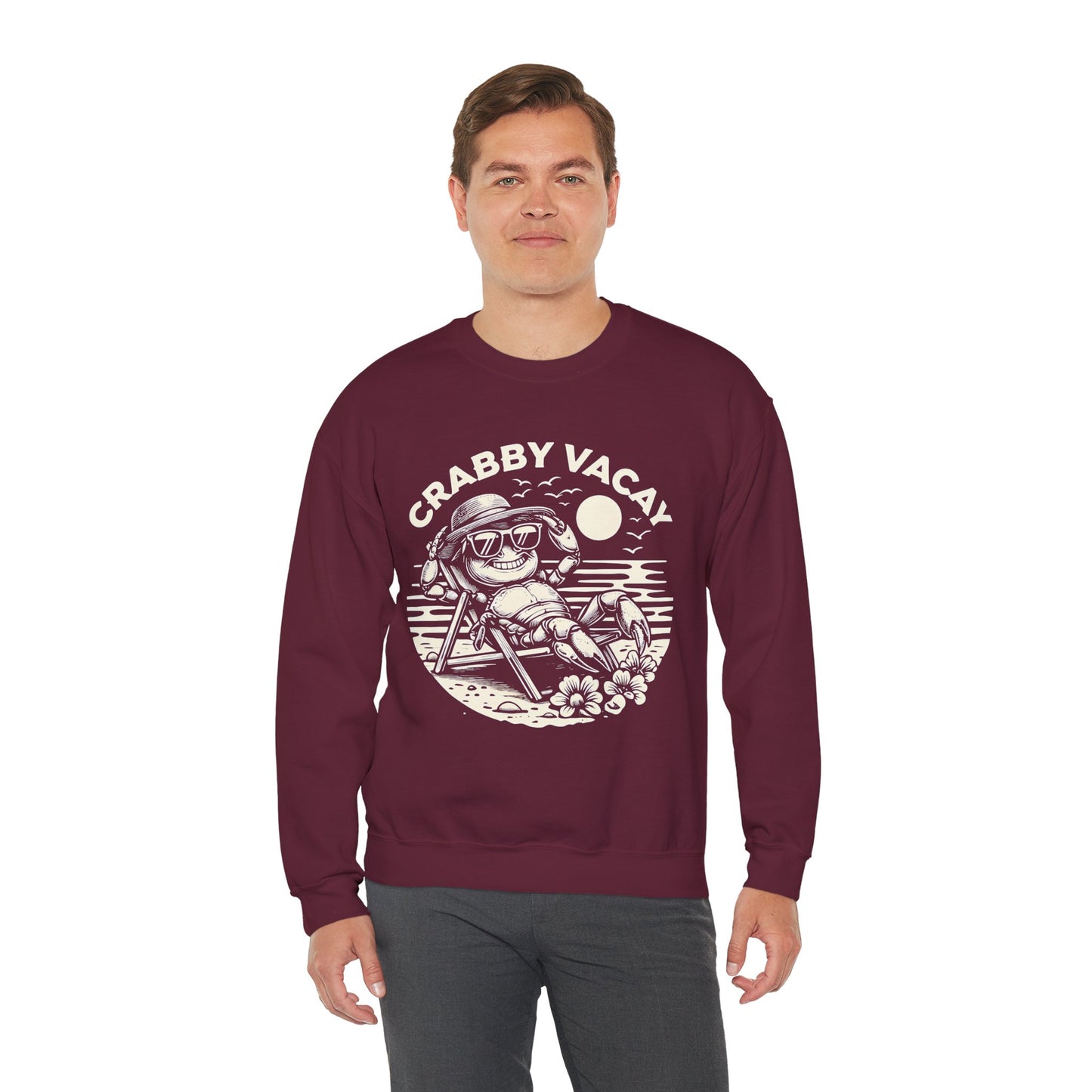 Crabby Vacay - Playful Monochrome Happy Crab Wearing Sunglasses in Tropical Scene Sweatshirt