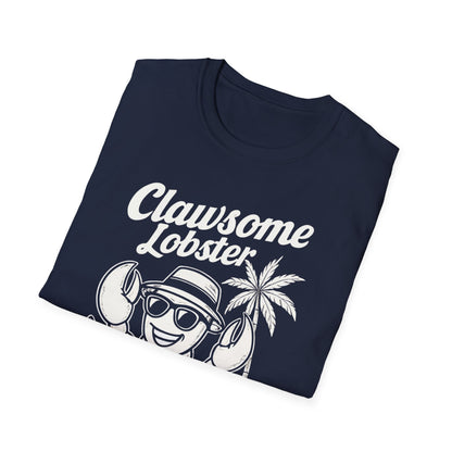 White Retro Clawsome Lobster T-Shirt - Lobster with Sunglasses Enjoying Beach Design