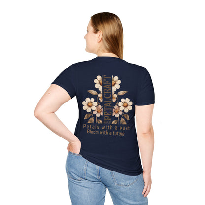Petalcraft Shop Petals with a past Bloom with a future T-Shirt – Metal Style Floral Typography Front and Back Design