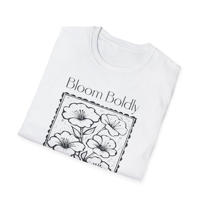 Bloom Boldly And Loudly - Monochrome Flowers With Stamp Border Linocut T-Shirt