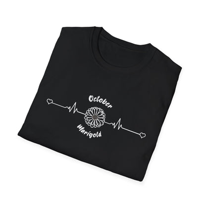 October Marigold T-Shirt -  Minimalistic Birthday Flower with Heartbeat Design