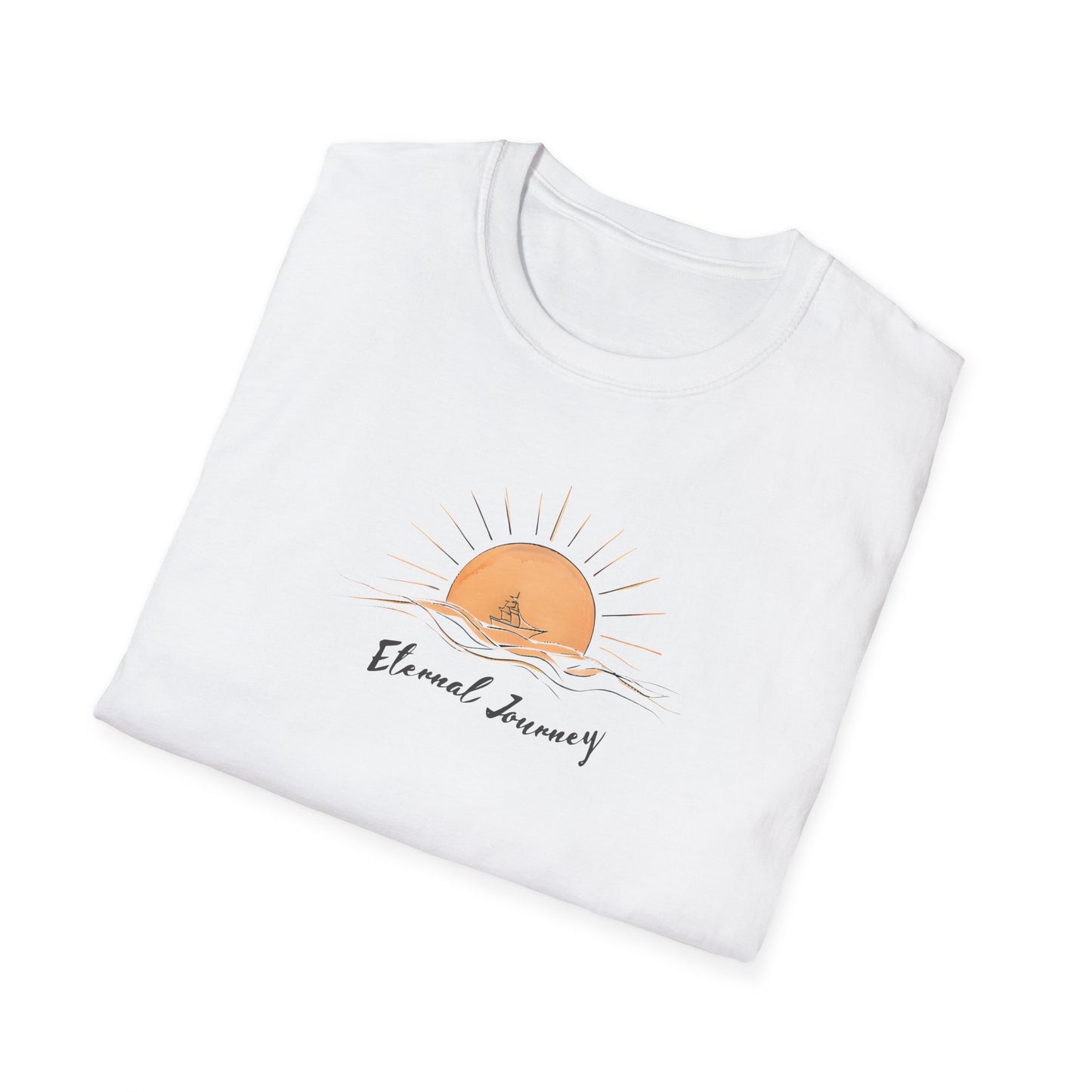 Eternal Journey T-Shirt - Minimalist Sun With Sailing Ship - Nature Scene Line Art Design