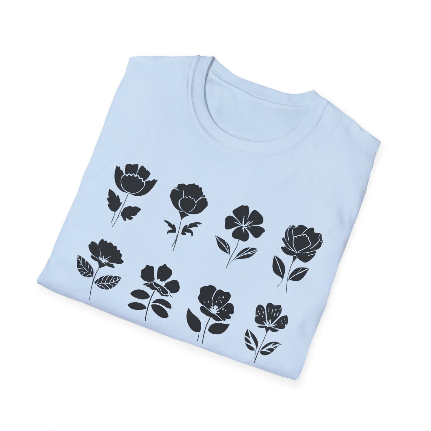 Monochrome Silhouette Grid Flowers T-Shirt