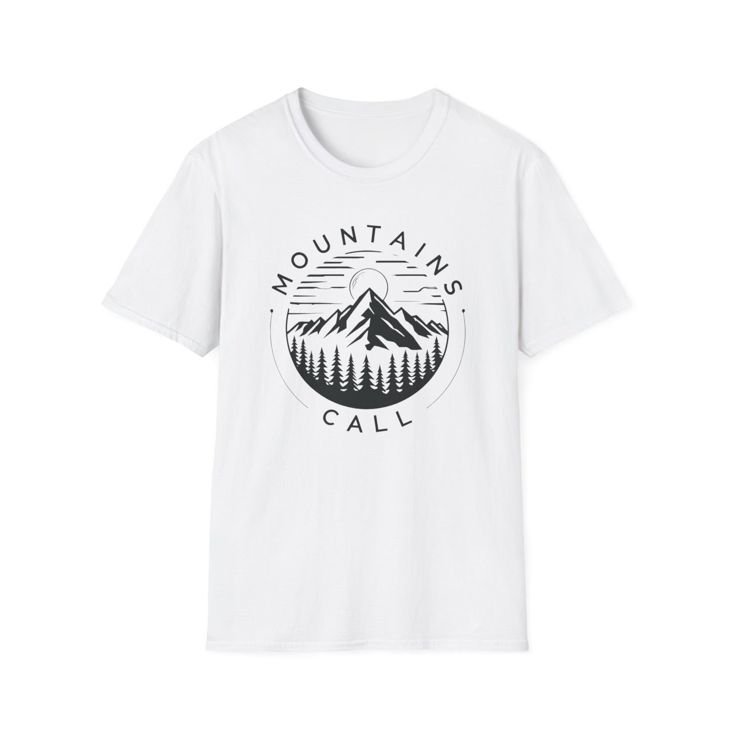 Mountains Call T-Shirt – Circular Nature Scene with Mountains, Trees & Sun Design