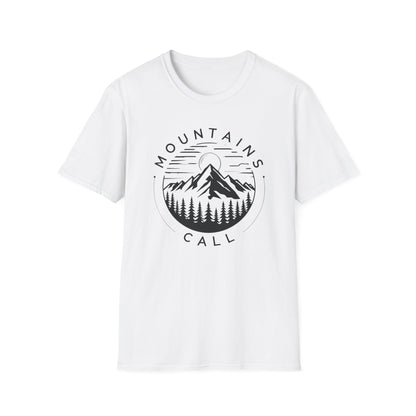 Mountains Call T-Shirt – Circular Nature Scene with Mountains, Trees & Sun Design
