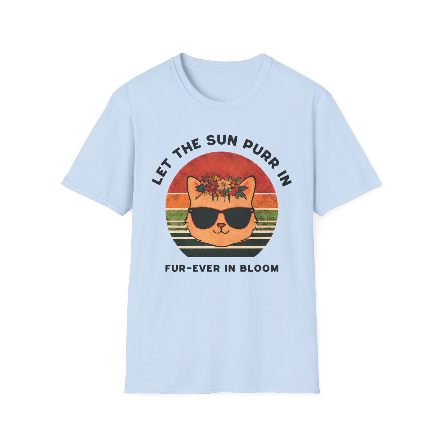 Let the Sun Purr In - Playful Vintage Sunset And A Cat in Sunglasses and Floral Crown T-Shirt