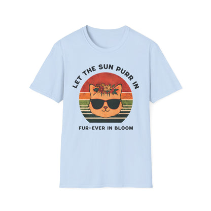 Let the Sun Purr In - Playful Vintage Sunset And A Cat in Sunglasses and Floral Crown T-Shirt