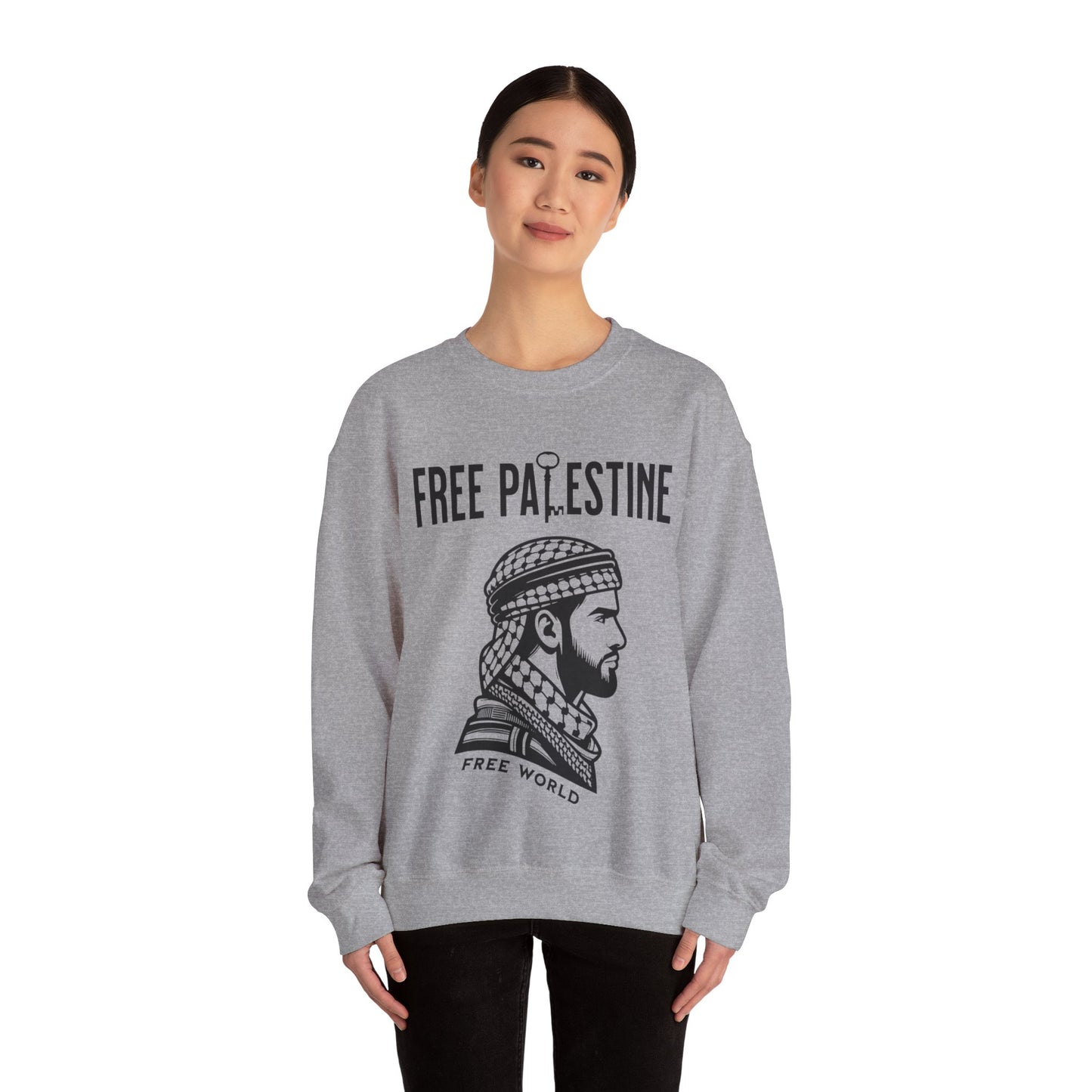 Free Palestine Free World - Man Wearing Palestinian Kuffiyah Sweatshirt
