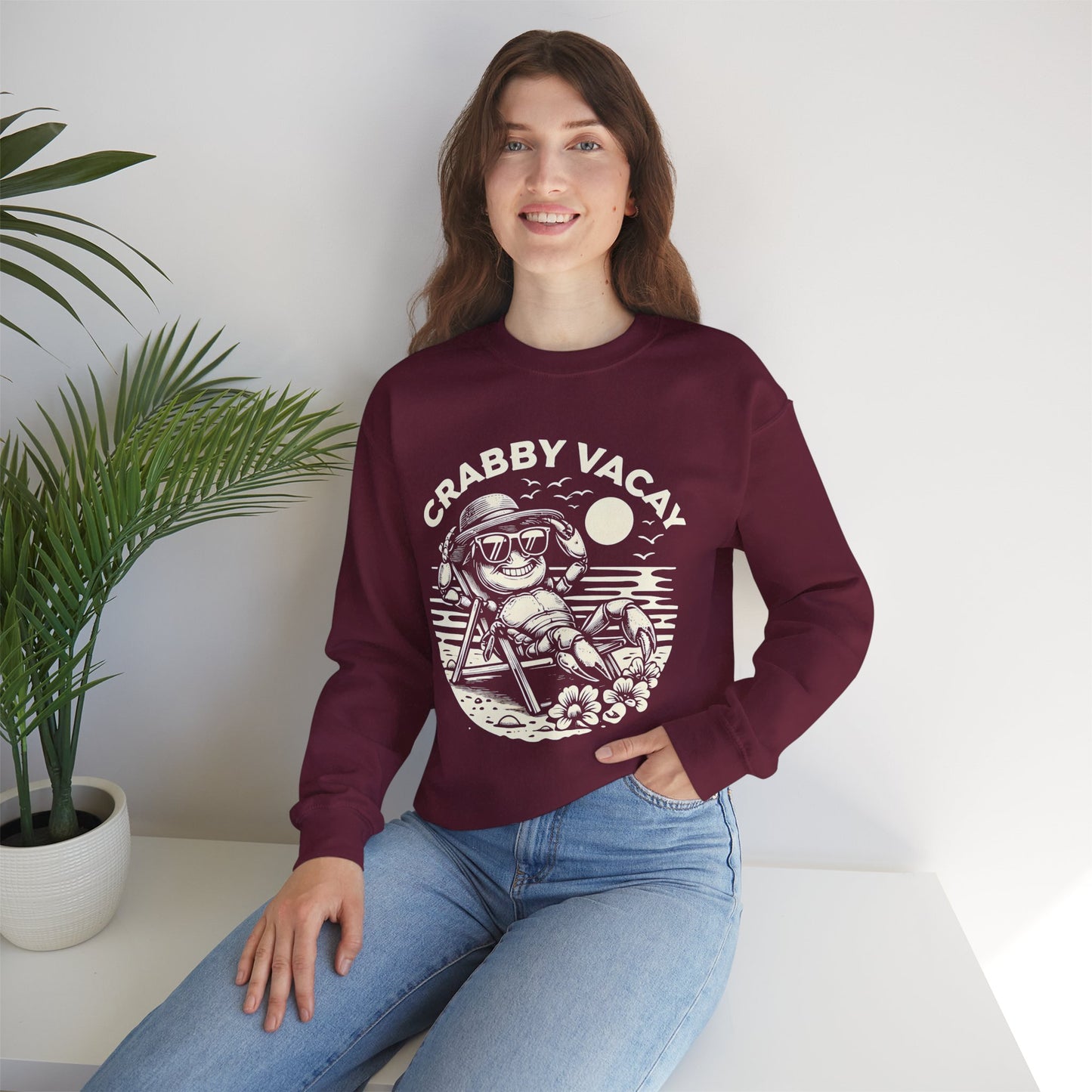 Crabby Vacay - Playful Monochrome Happy Crab Wearing Sunglasses in Tropical Scene Sweatshirt
