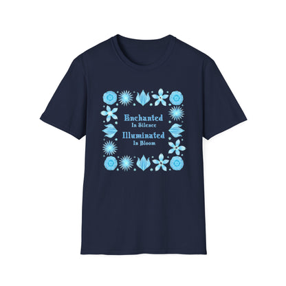 Enchanted in Silence, Illuminated in Bloom T-Shirt -Glowing Blue Floral Frame